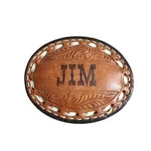 C&M Brown Tooled Leather Belt Buckle ONLY Name Jim White Stitch Cowboy Western